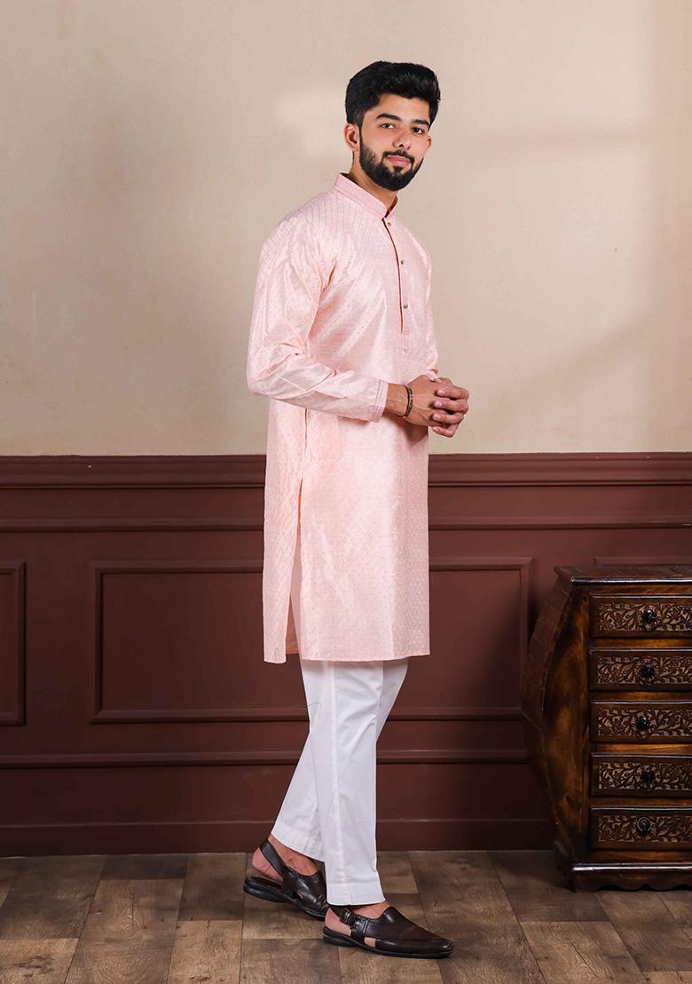 Pink Sequence Embellished Art Silk Kurta Set For Men