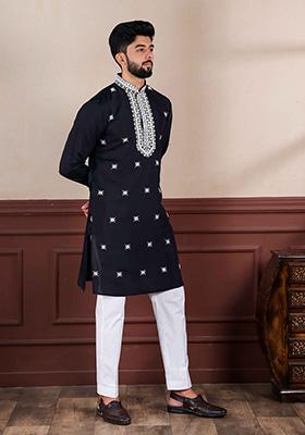 Black Embroidered Viscose Kurta Set For Men