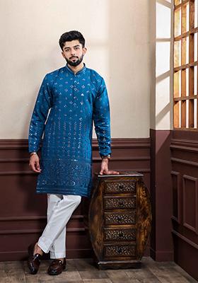 Teal Embellished Viscose Kurta Set For Men