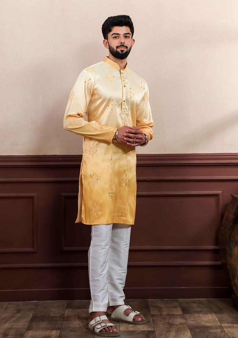 Yellow Embroidered Art Silk Kurta Set For Men