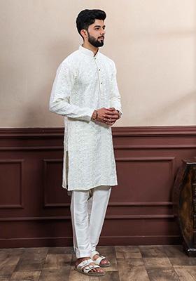 White Embellished Viscose Kurta Set For Men