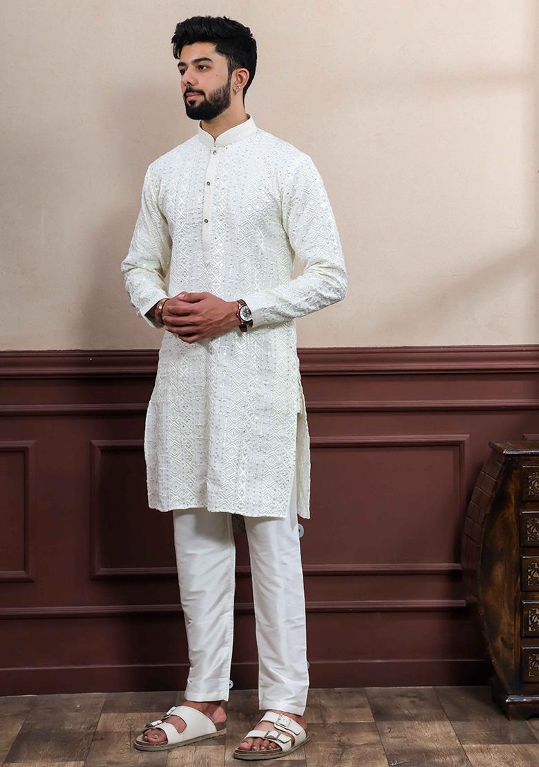 White Embellished Viscose Kurta Set For Men