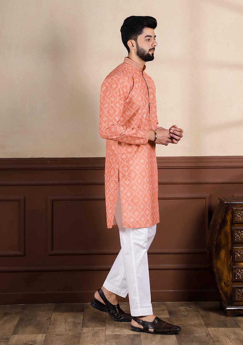 Orange Embellished Cotton Kurta Set For Men