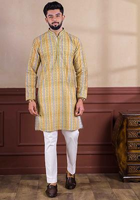 Yellow Embellished Cotton Kurta Set For Men
