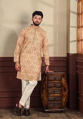 Peach Embellished Cotton Kurta Set For Men