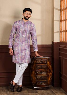 Wine Embellished Cotton Kurta Set For Men