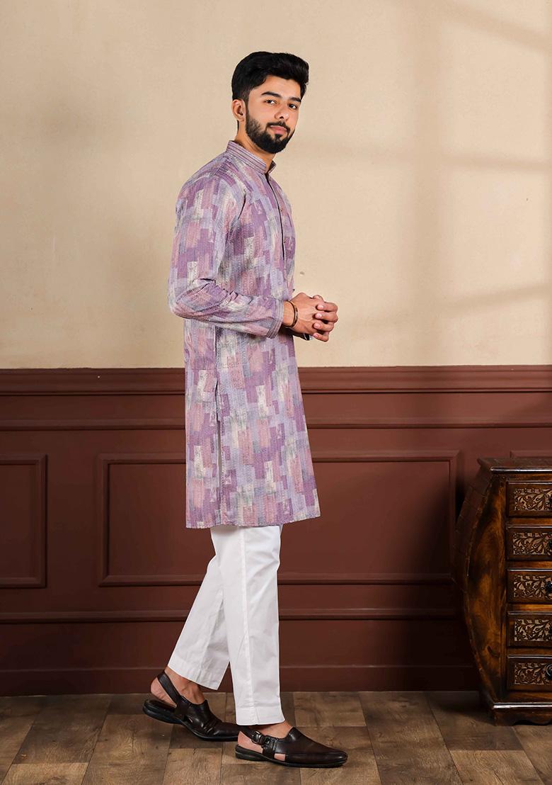 Wine Embellished Cotton Kurta Set For Men