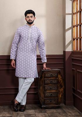 Lavender Embellished Cotton Kurta Set For Men