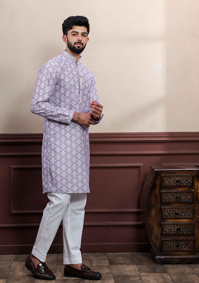 Lavender Embellished Cotton Kurta Set For Men