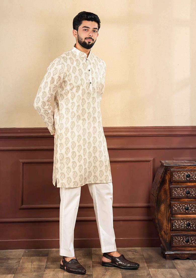 White Printed Linen Kurta For Men 