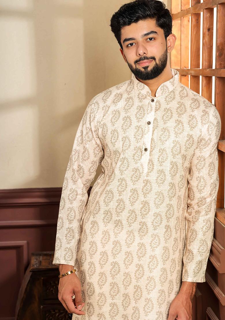 White Printed Linen Kurta For Men 