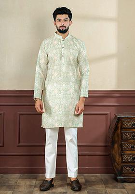 Pista Green Printed Linen Kurta For Men 