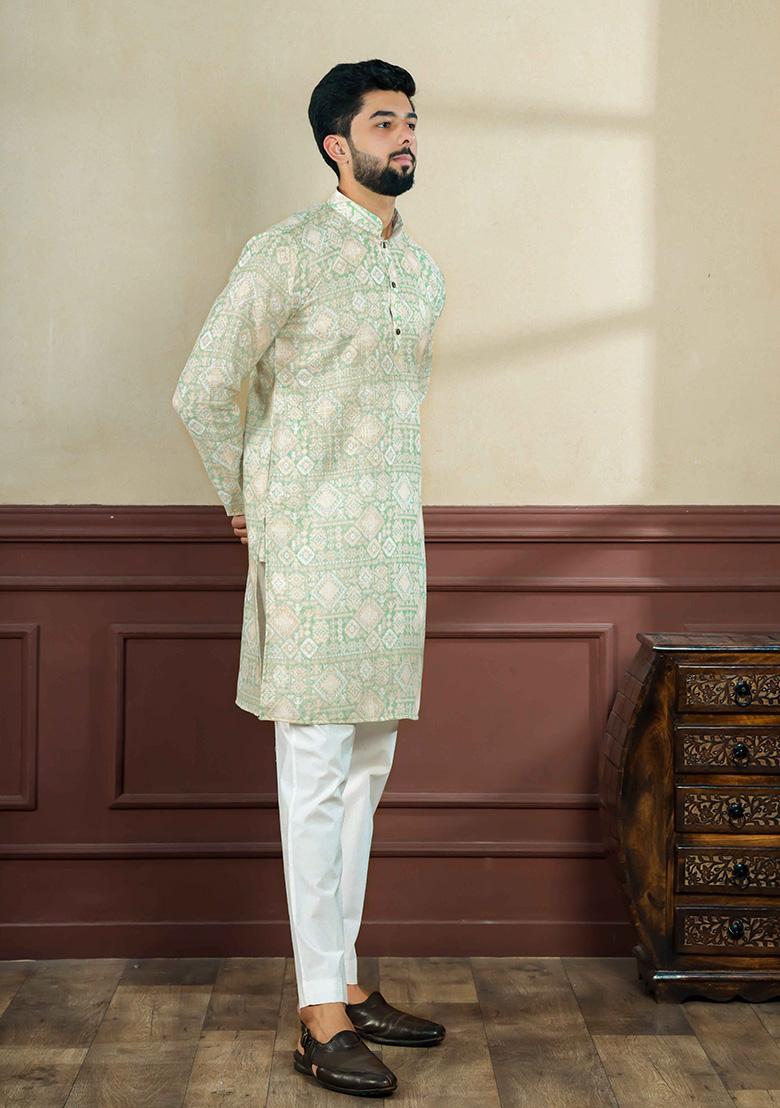 Pista Green Printed Linen Kurta For Men 
