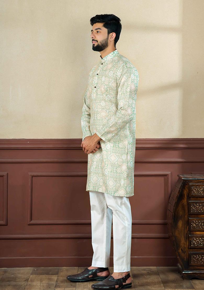 Pista Green Printed Linen Kurta For Men 