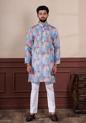 Blue Printed Linen Kurta For Men 