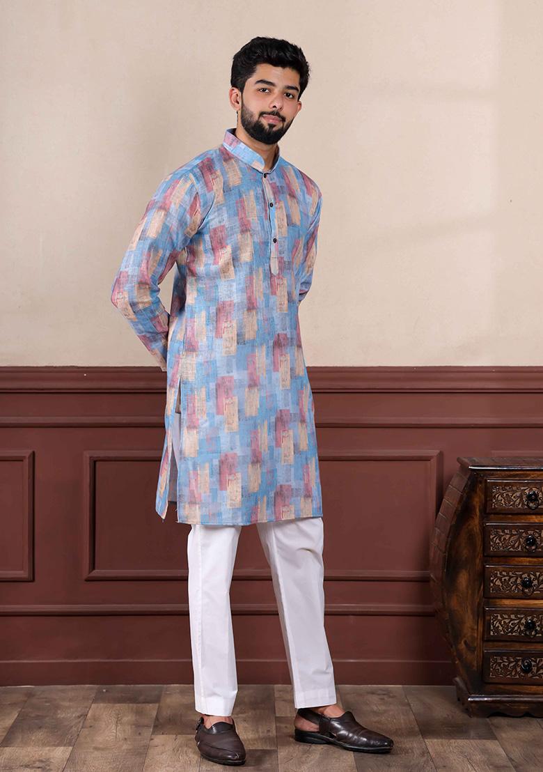 Blue Printed Linen Kurta For Men 