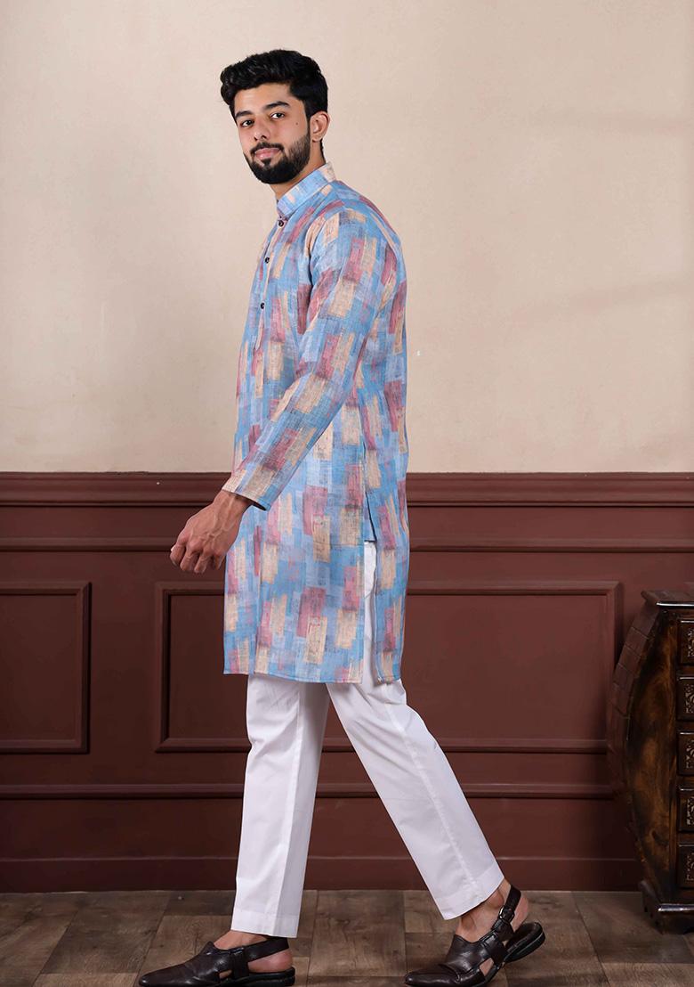 Blue Printed Linen Kurta For Men 
