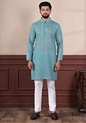 Aqua Blue Printed Linen Kurta For Men 