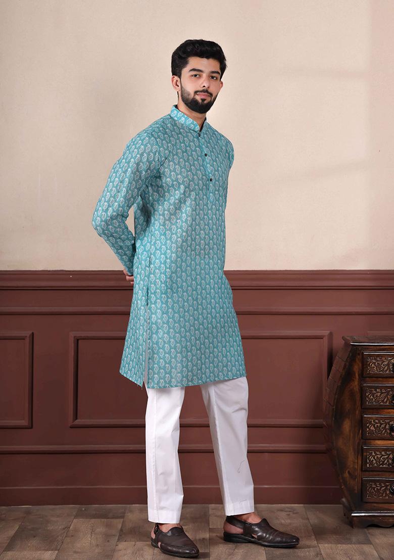 Aqua Blue Printed Linen Kurta For Men 