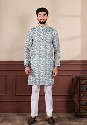 Forest Green Printed Linen Kurta For Men 