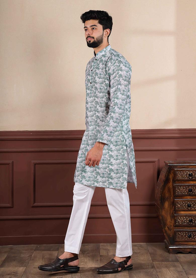 Forest Green Printed Linen Kurta For Men 
