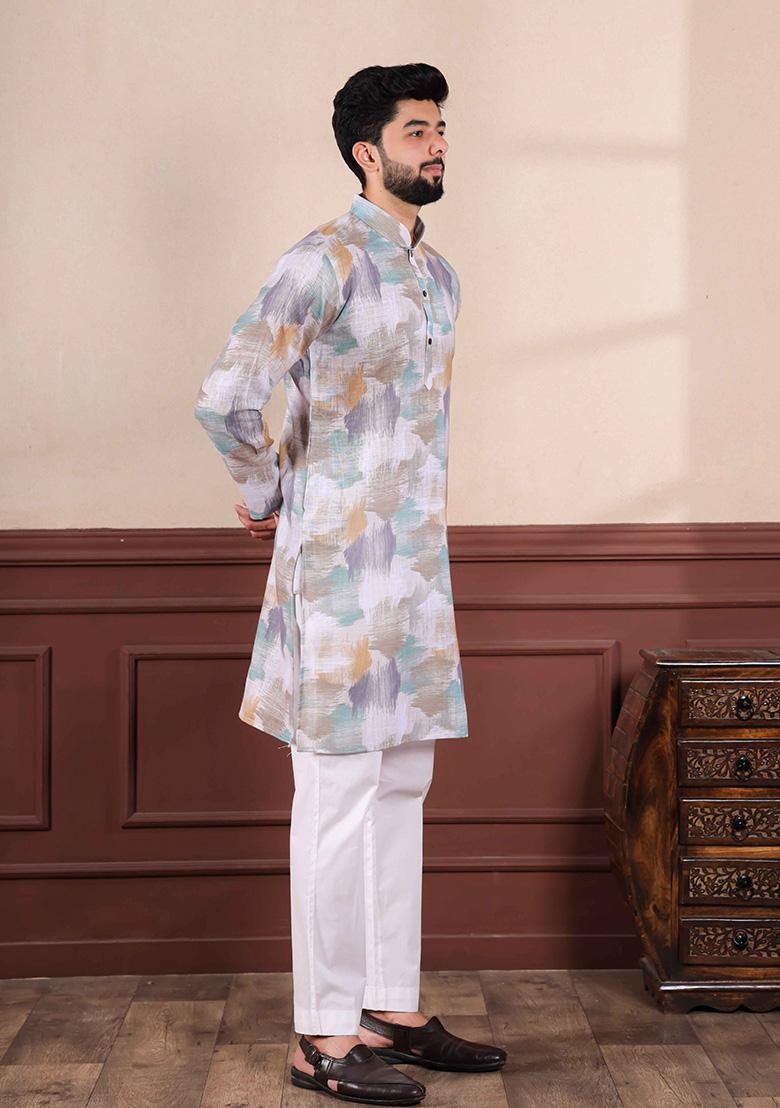 Off White Printed Linen Kurta For Men 