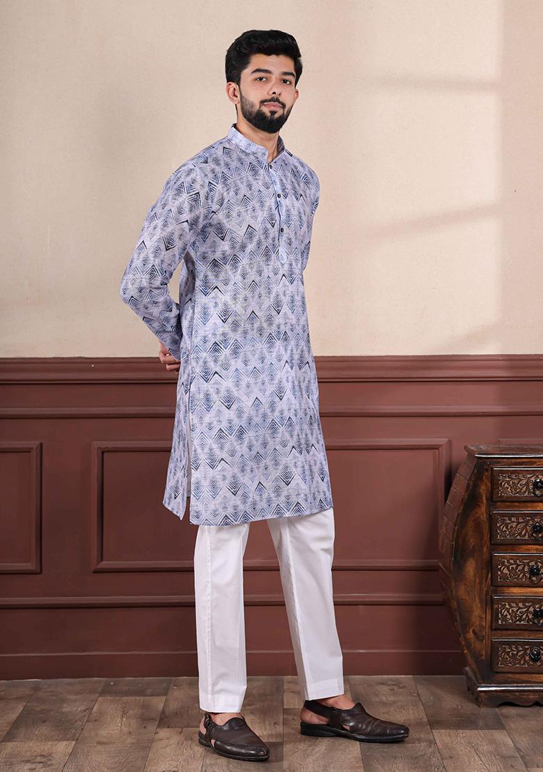 Denim Blue Printed Linen Kurta For Men 