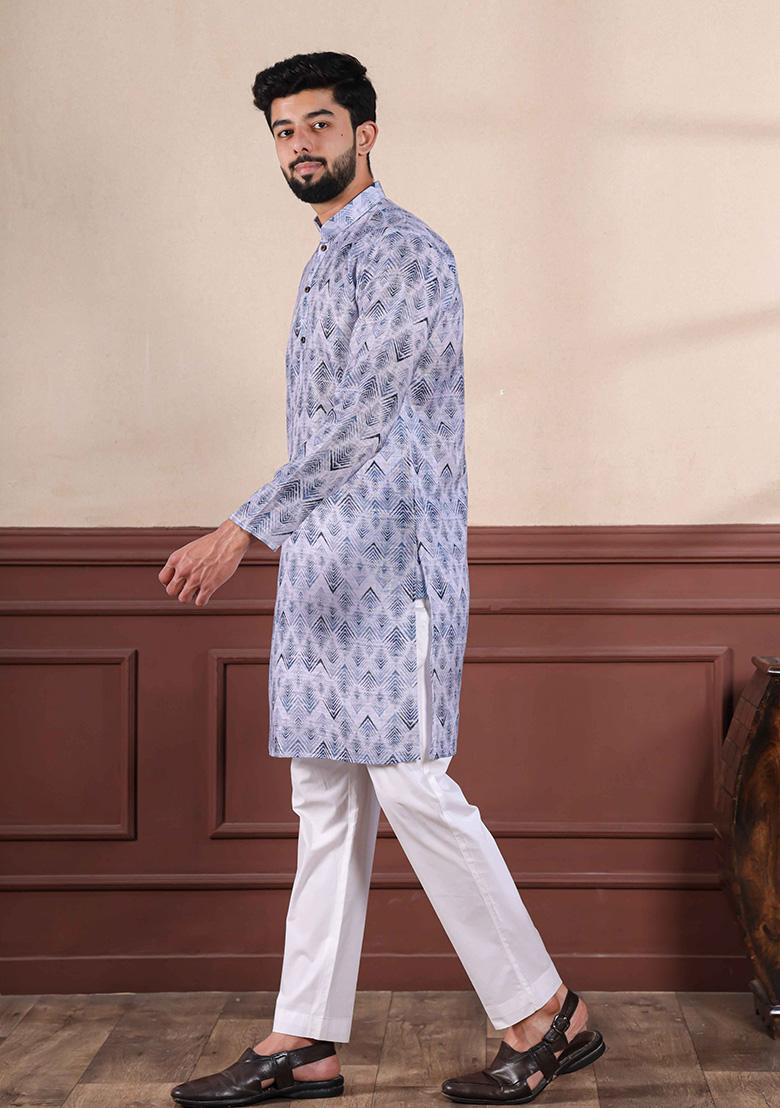 Denim Blue Printed Linen Kurta For Men 