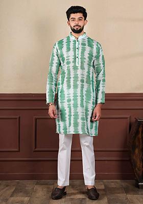 Green Printed Linen Kurta For Men 