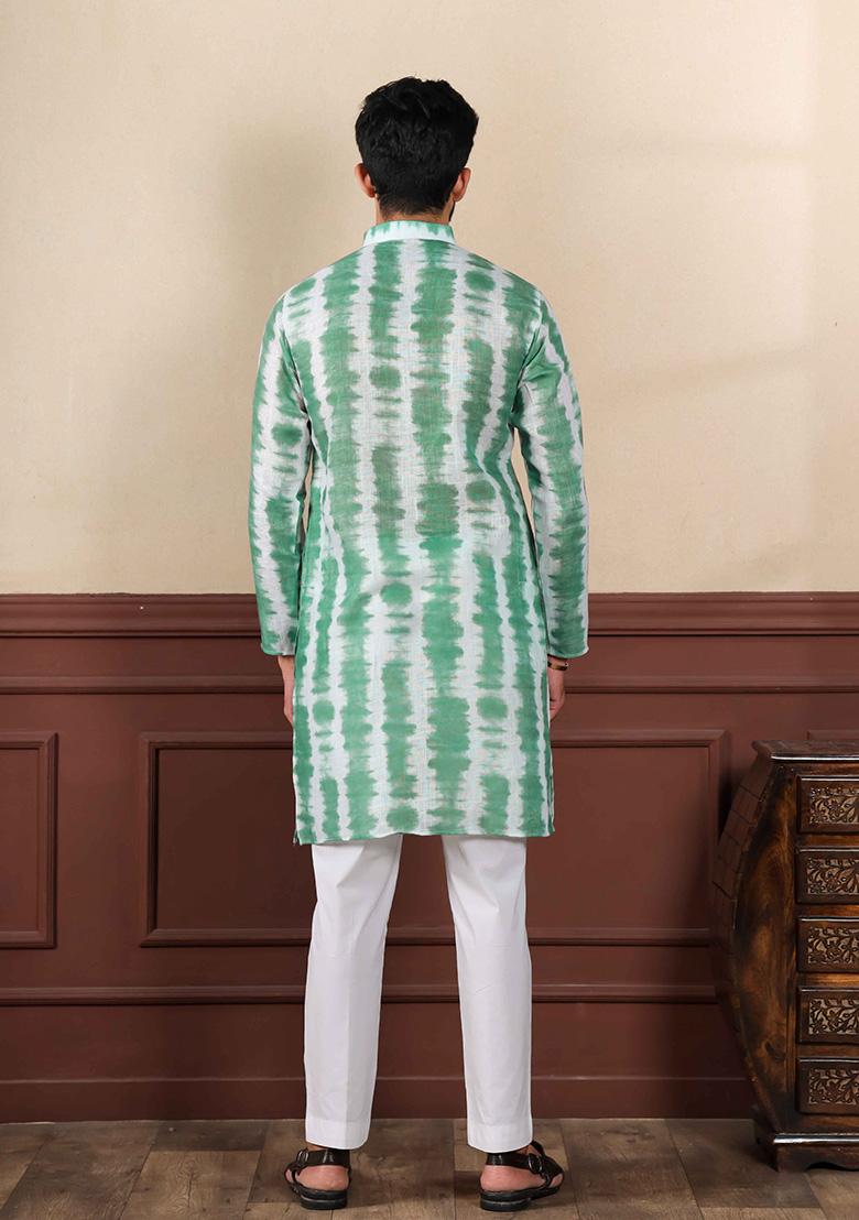 Green Printed Linen Kurta For Men 