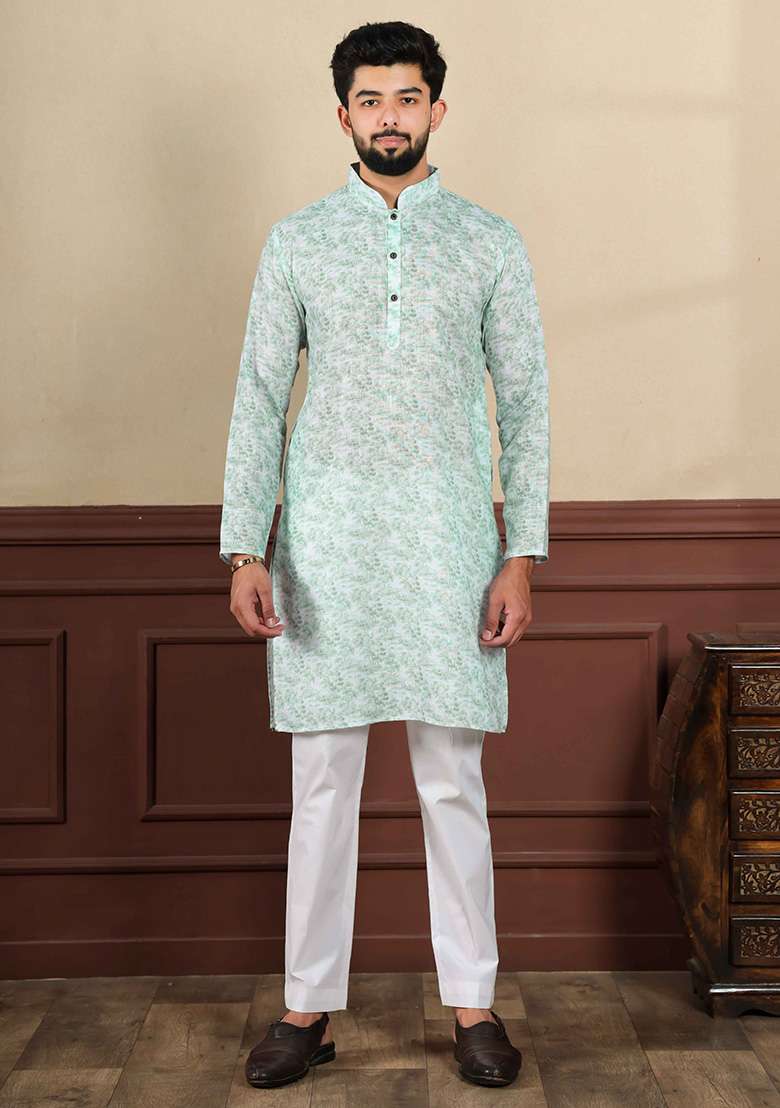 Light Green Printed Linen Kurta For Men  - Indya