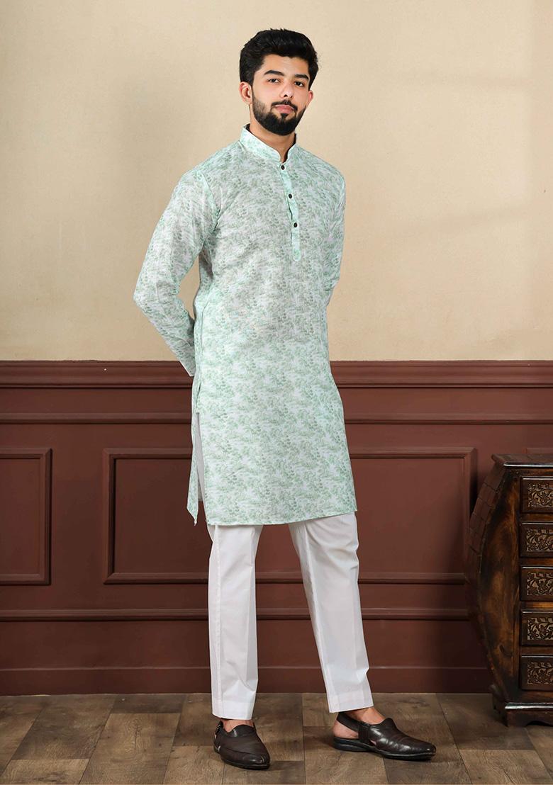 Light Green Printed Linen Kurta For Men 