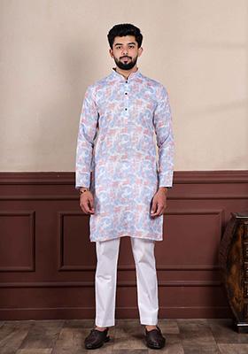 Lavender Printed Linen Kurta For Men 
