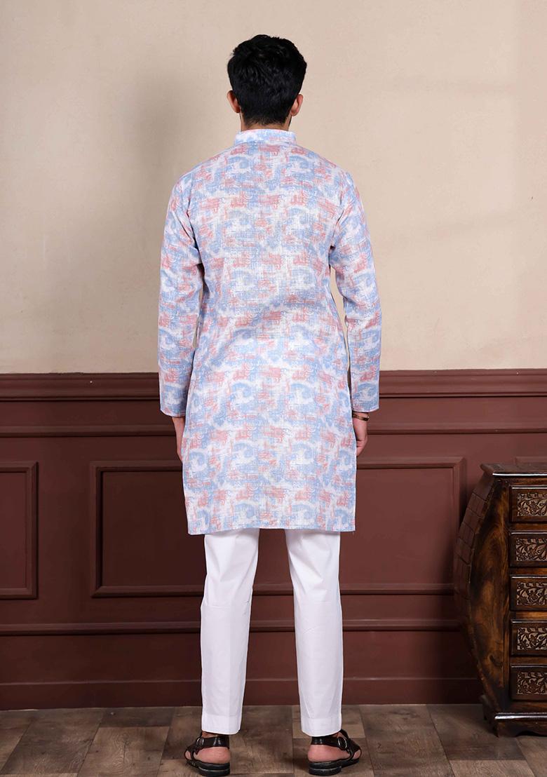 Lavender Printed Linen Kurta For Men 