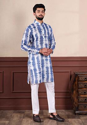 Navy Printed Linen Kurta For Men 