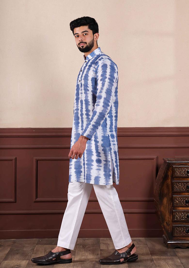 Navy Printed Linen Kurta For Men 