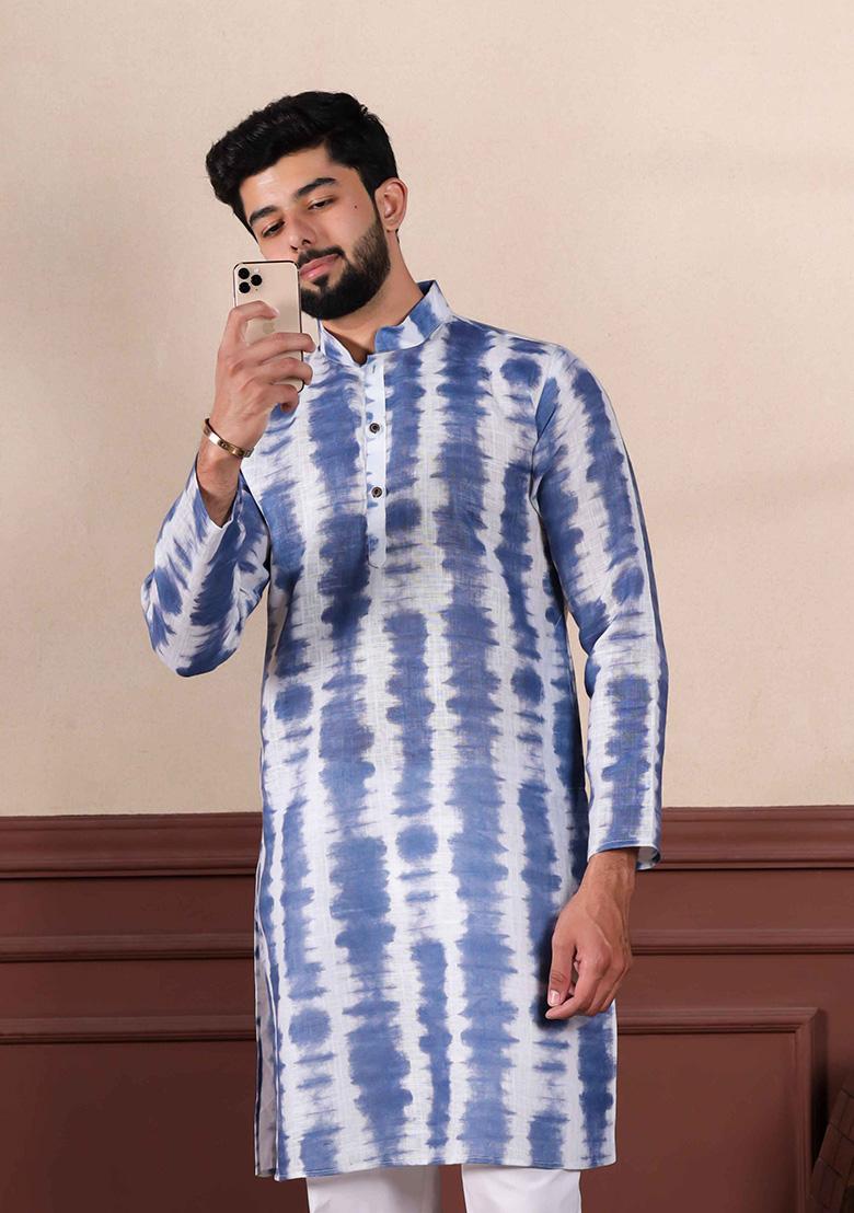 Navy Printed Linen Kurta For Men 