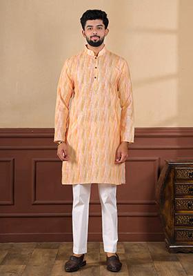 Peach Printed Linen Kurta For Men 