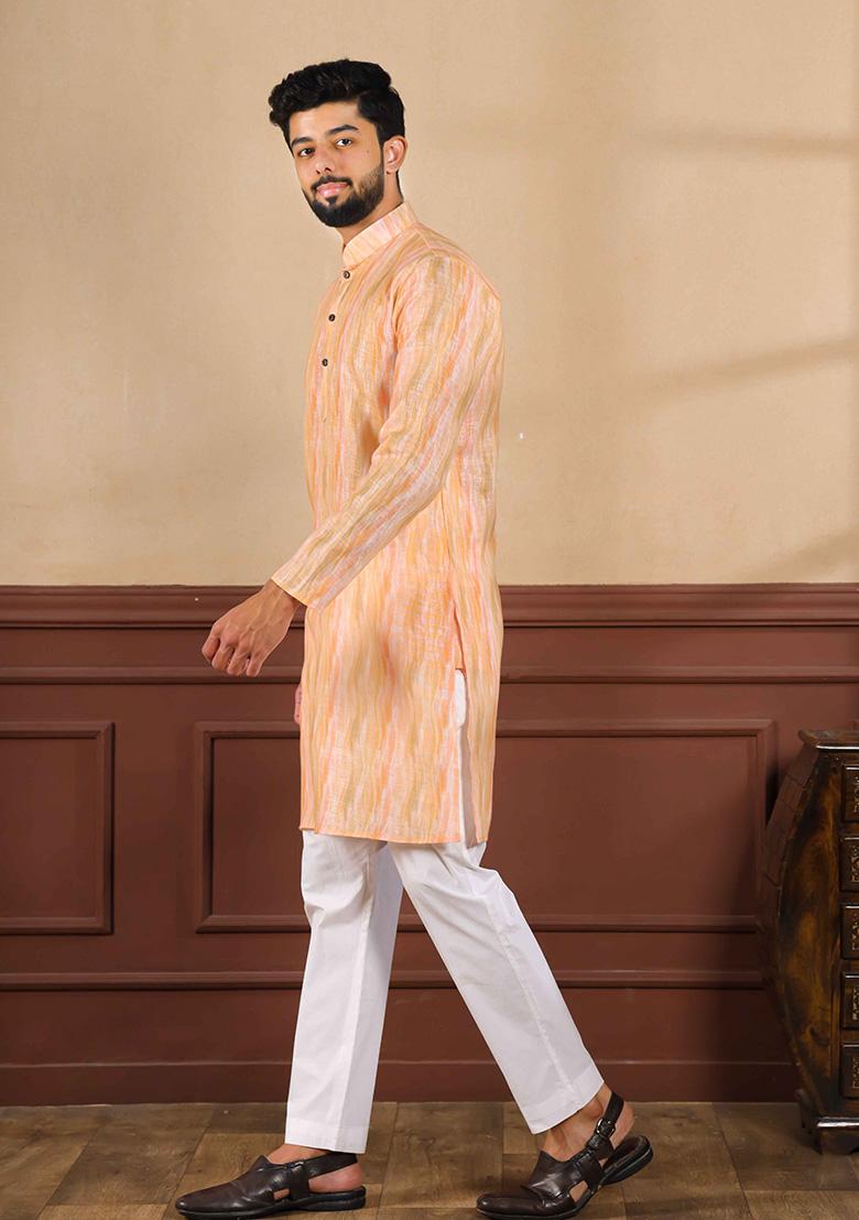Peach Printed Linen Kurta For Men 