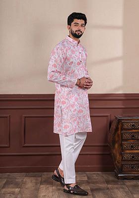 Pink Printed Linen Kurta For Men 