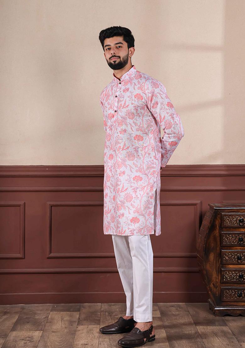 Pink Printed Linen Kurta For Men 