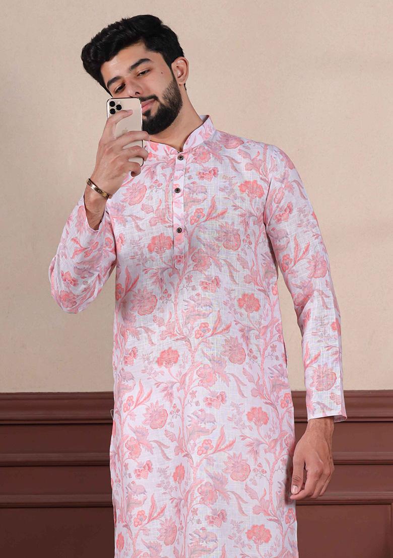 Pink Printed Linen Kurta For Men 
