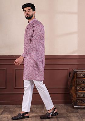 Purple Printed Linen Kurta For Men 