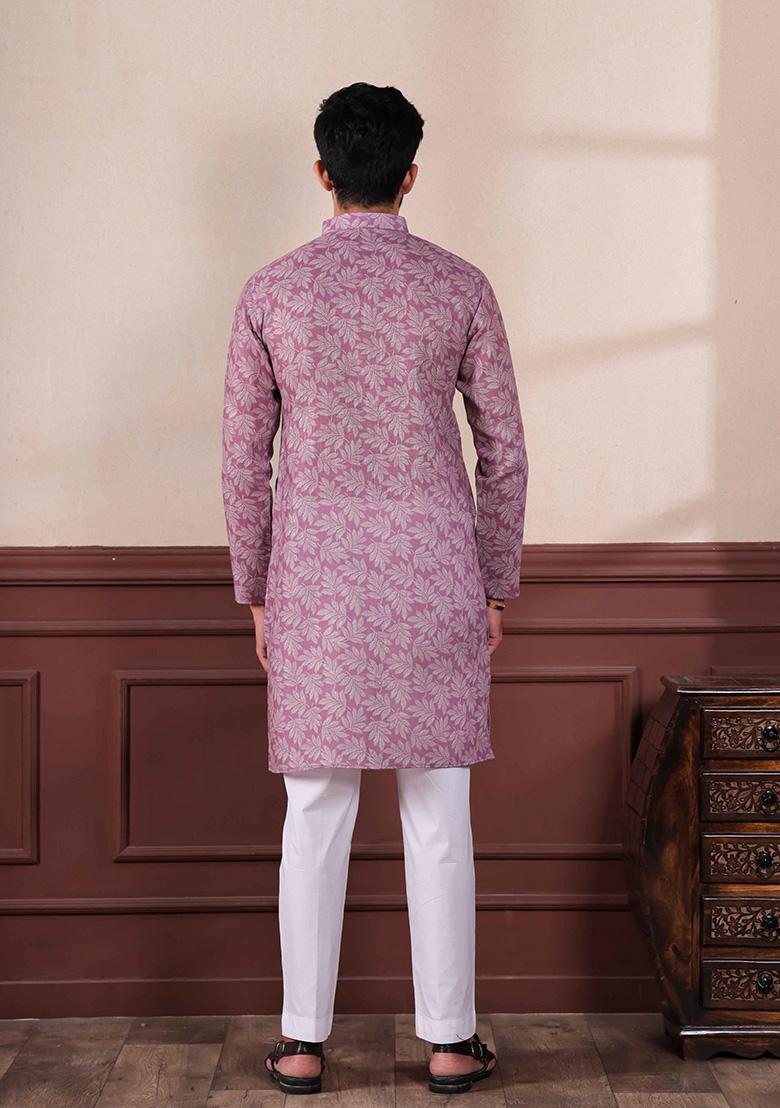 Purple Printed Linen Kurta For Men 