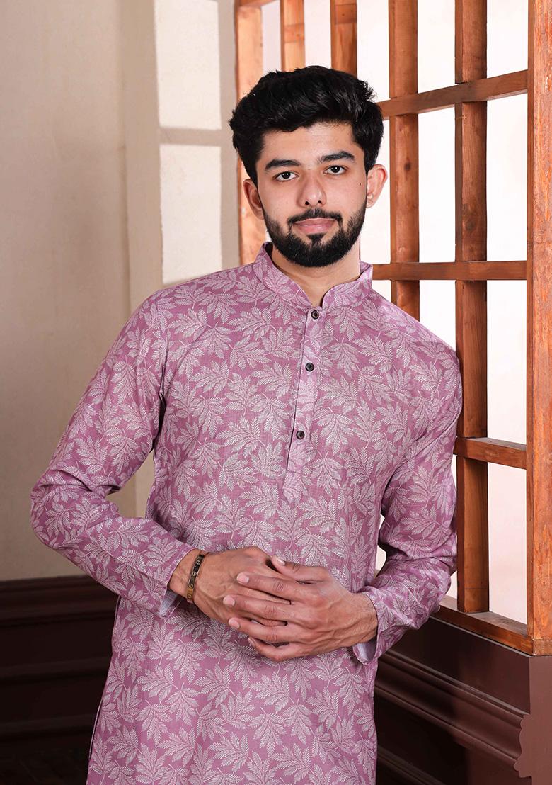 Purple Printed Linen Kurta For Men 