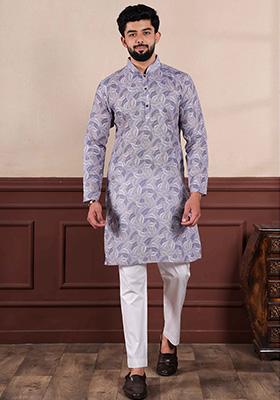 Violet Printed Linen Kurta For Men 
