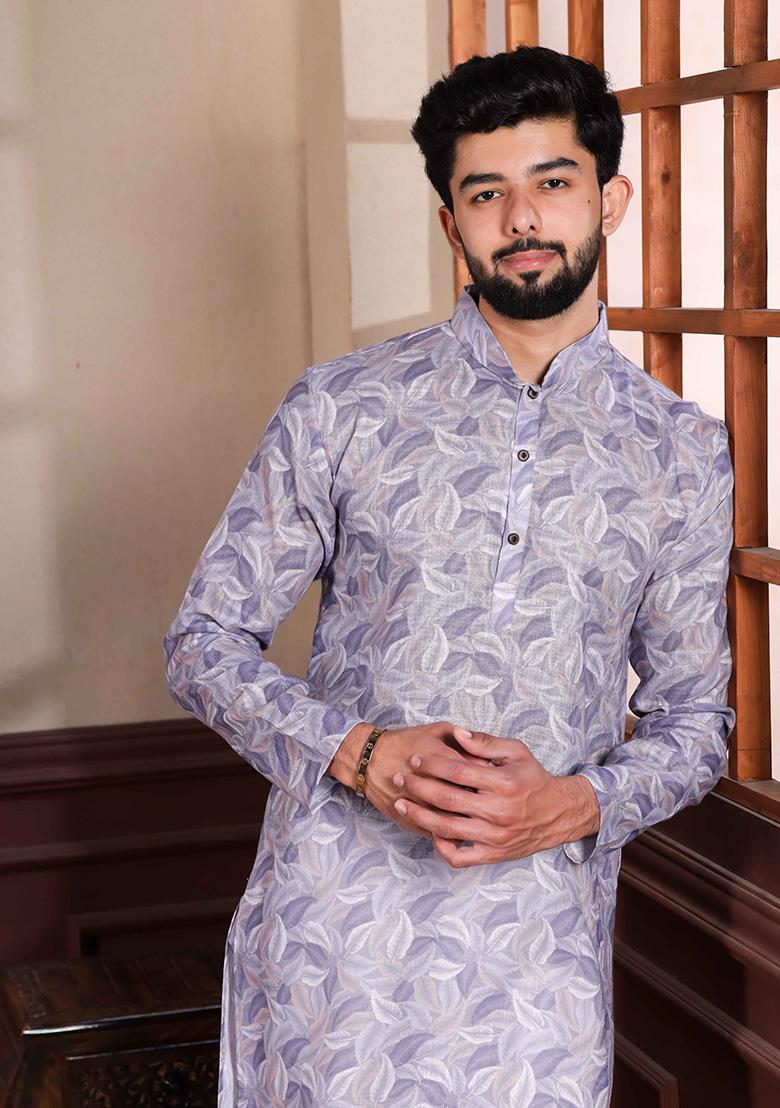 Violet Printed Linen Kurta For Men 