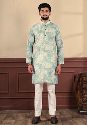 Aqua Green Printed Linen Kurta For Men 