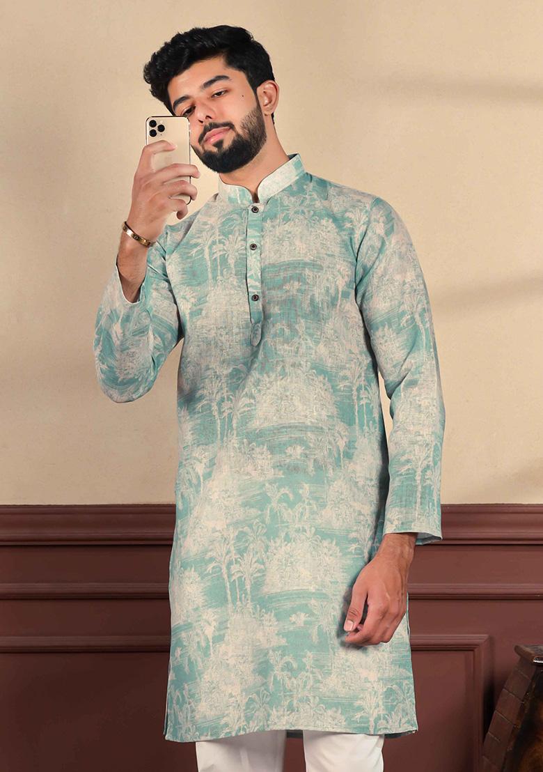 Aqua Green Printed Linen Kurta For Men 