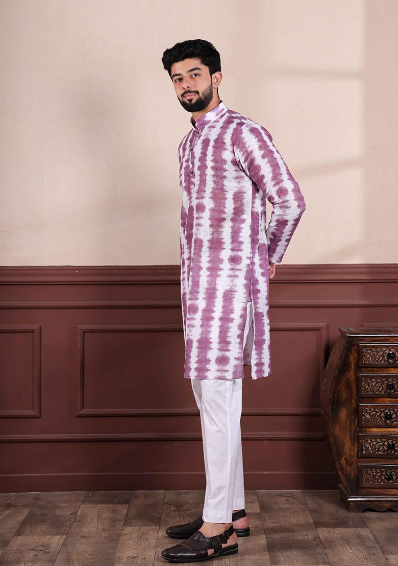 Wine Printed Linen Kurta For Men 